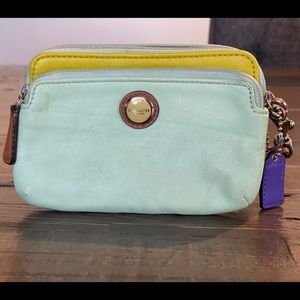Authentic Coach mint green and yellow wristlet